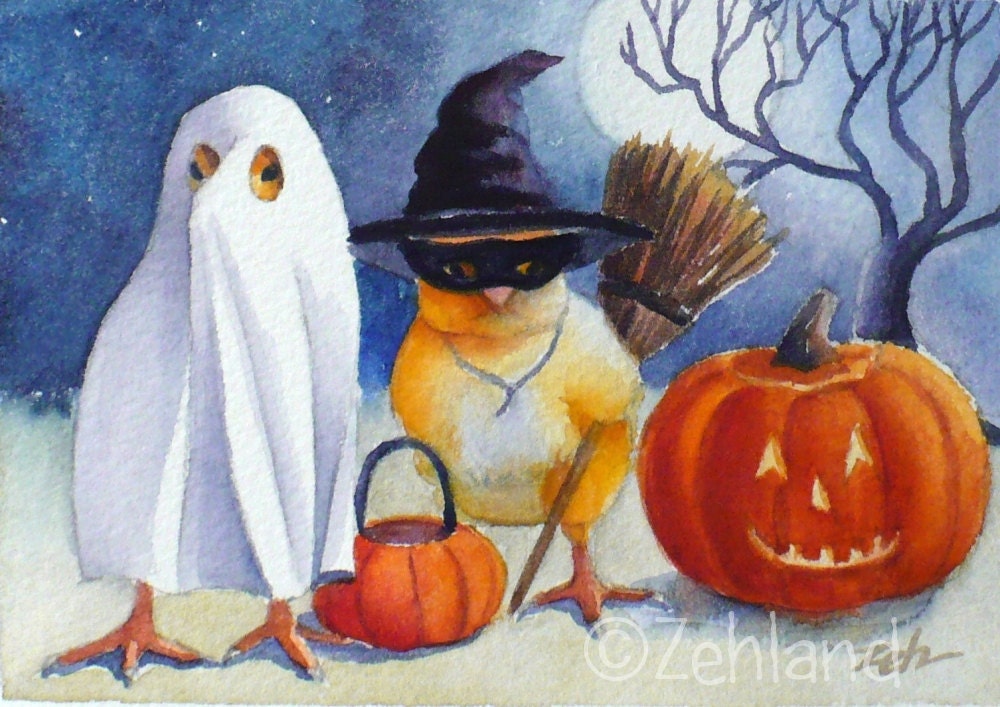 Halloween Print Baby Chicks Witch Ghost Ferdinand and Nina Art by Janet Zeh