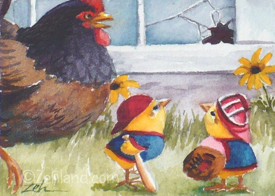 Animal Baseball Print Baby Chicks Ferdinand and Nina Fine Art by Janet Zeh