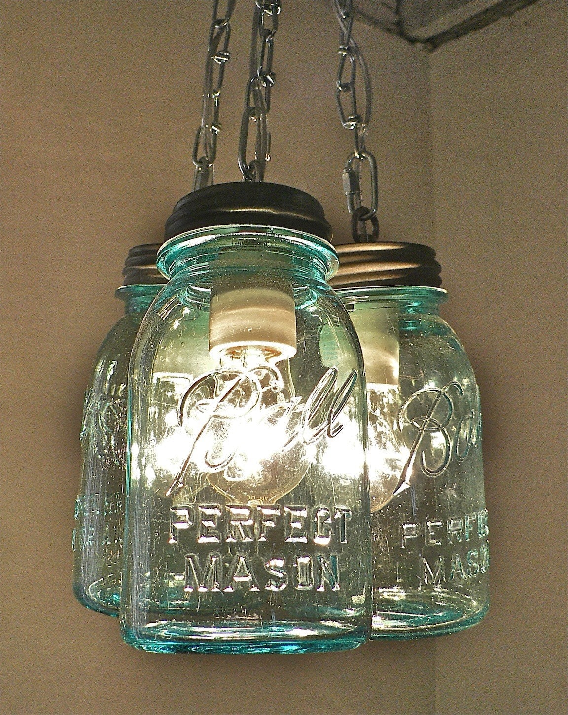 Handcrafted Blue Green Vintage Mason Three Jar Pendant Light