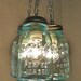 Handcrafted Blue Green Vintage Mason Three Jar Pendant Light