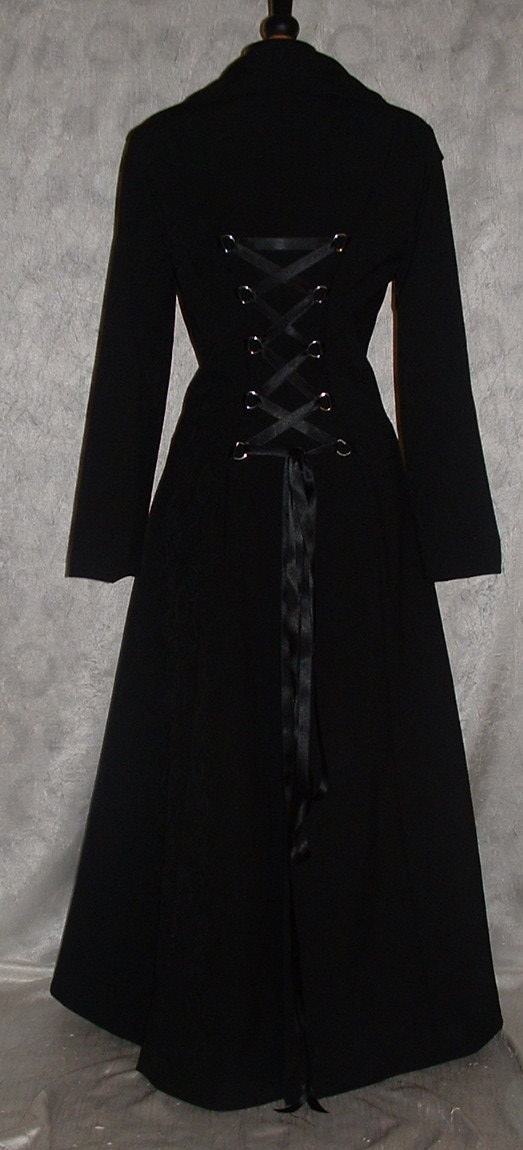 long black coat womens  full length goth fit flare corset back matrix rocky horror vamp steam punk US size 6-8