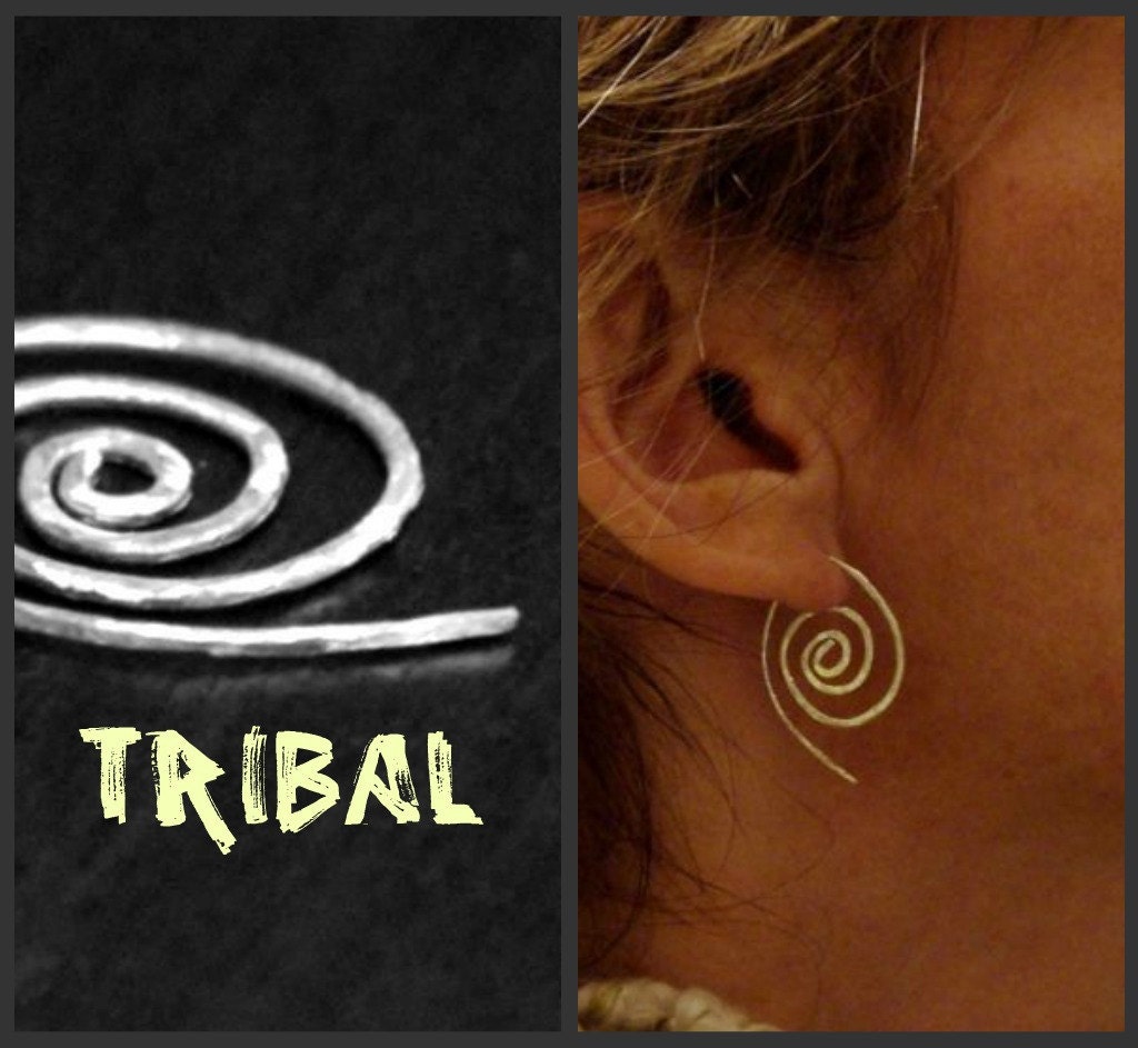 African Tribal Ethnic Earrings Spirals in 925 Sterling Silver Hammered Textured Handmade Gift for Her
