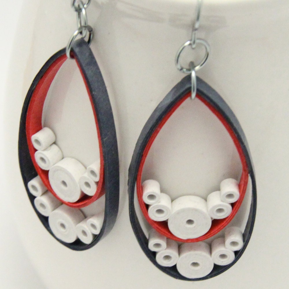 Red White and Blue Teardrop Earrings with Niobium Earring Hooks Paper Quilling Earrings Eco Friendly Jewelry, Artisan Jewelry