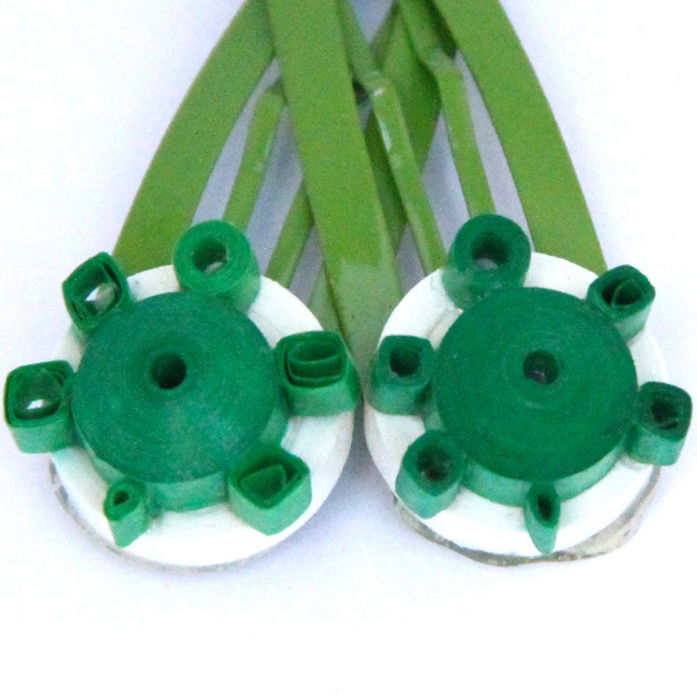 SALE Green Turtles Snap Hairclips Handmade by Paper Quilling CLEARANCE Eco Friendly Jewelry Artisan Jewelry