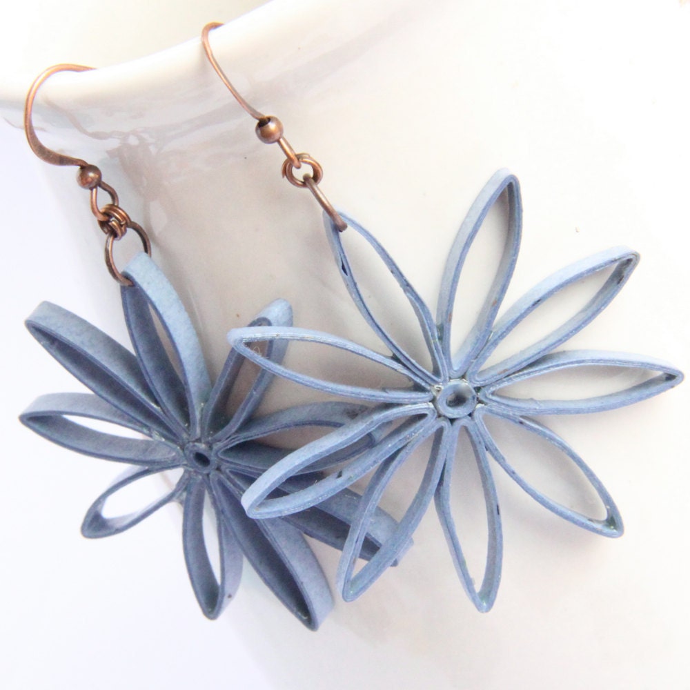 Big Flower Earrings Denim Blue Nine Pointed Stars Paper Quilled Eco Friendly Jewelry, Artisan Jewelry