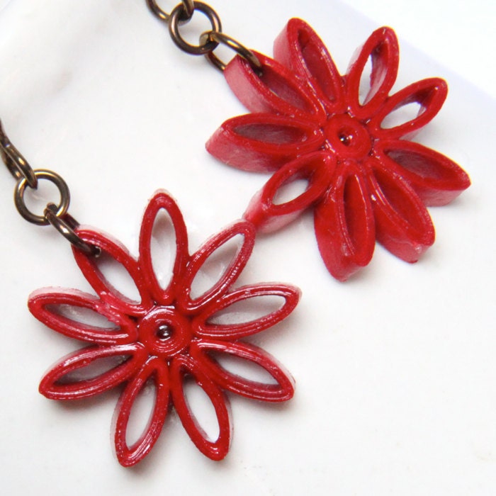 Red Star Dangle Earring Nine Pointed Star with Niobium Earring Hooks Paper Quilling Eco Friendly Earrings / Artisan Jewelry