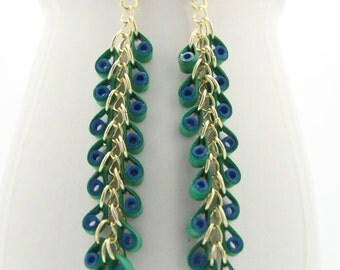 Long Dangly Peacock Feather Earrings - Paper Quilled Statement Earrings Eco Friendly Jewelry, Artisan Jewelry