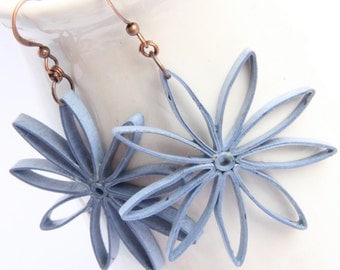 Big Flower Earrings Denim Blue Nine Pointed Stars Paper Quilled Eco Friendly Jewelry, Artisan Jewelry