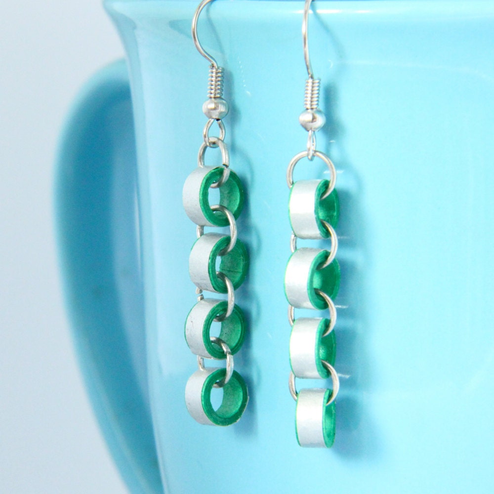 Eco Friendly Earrings Green and Silver Chain handmade by Paper Quilling Christmas Earrings Artisan Jewelry