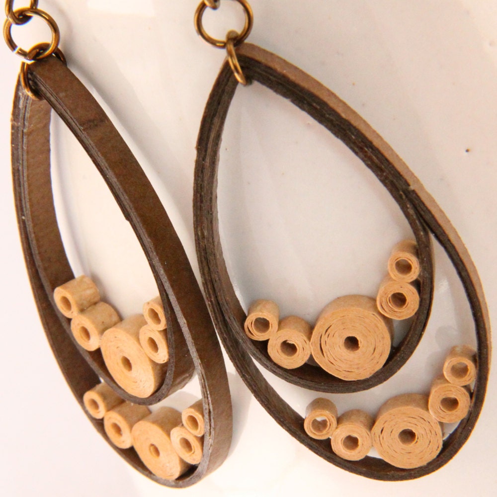 Teardrop Earrings Brown Paper Quilled With Hypoallergenic Niobium Earring Hooks Eco Friendly Fashion Jewelry, Artisan Jewelry