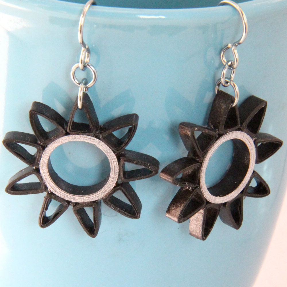 Brown and Silver Nine Pointed Star Paper Quilled Earrings with Niobium Earring Hooks Eco Friendly Earrings / Artisan Jewelry