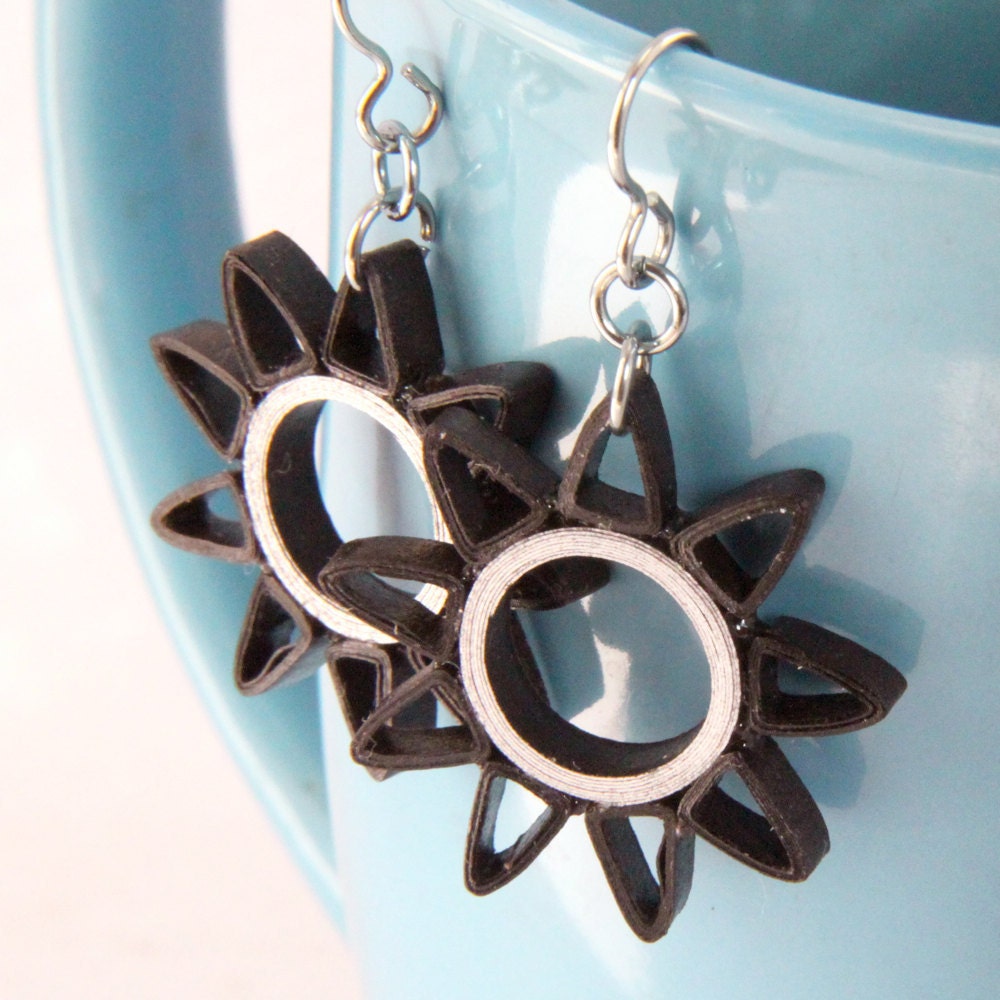 Brown and Silver Nine Pointed Star Paper Quilled Earrings with Niobium Earring Hooks Eco Friendly Earrings / Artisan Jewelry