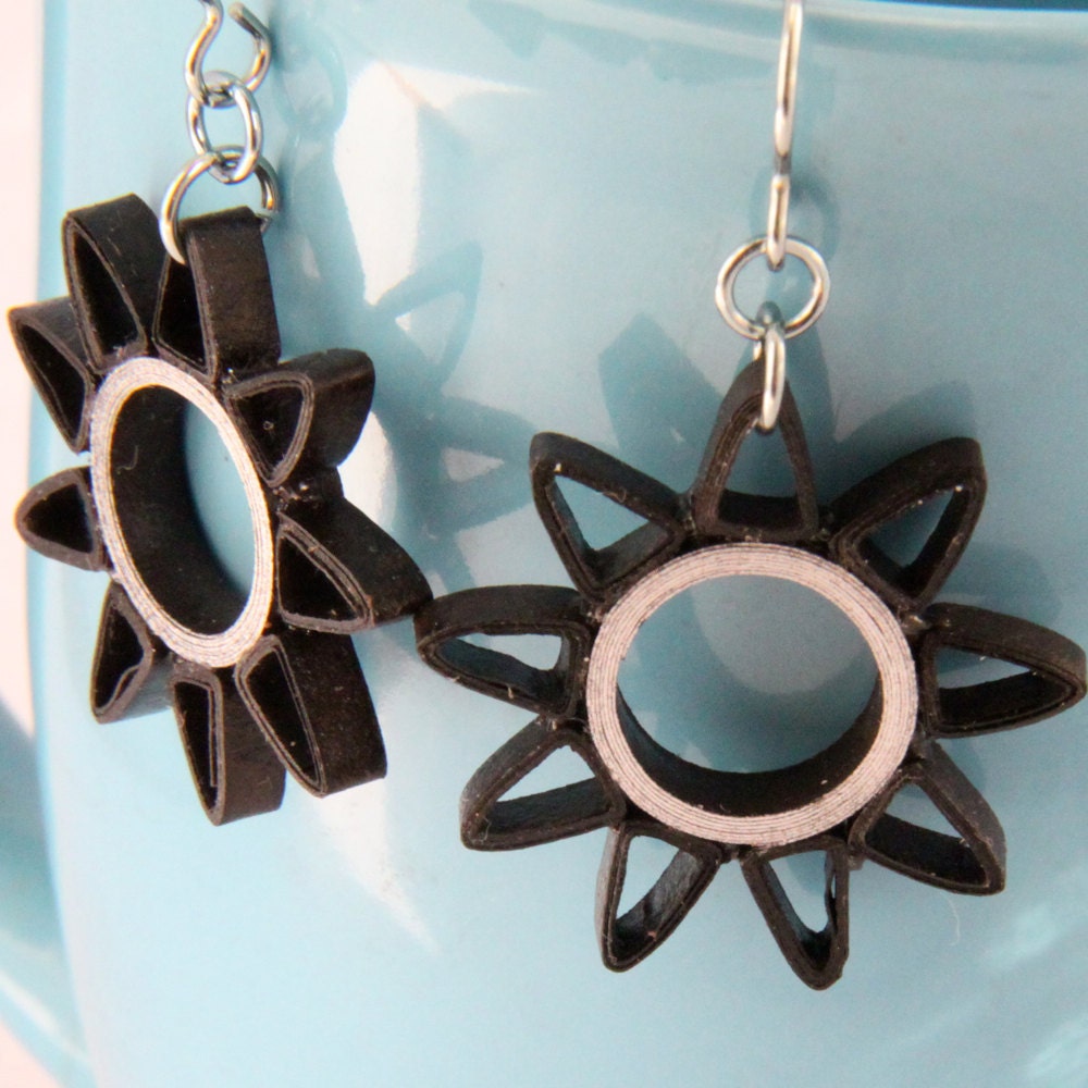Brown and Silver Nine Pointed Star Paper Quilled Earrings with Niobium Earring Hooks Eco Friendly Earrings / Artisan Jewelry