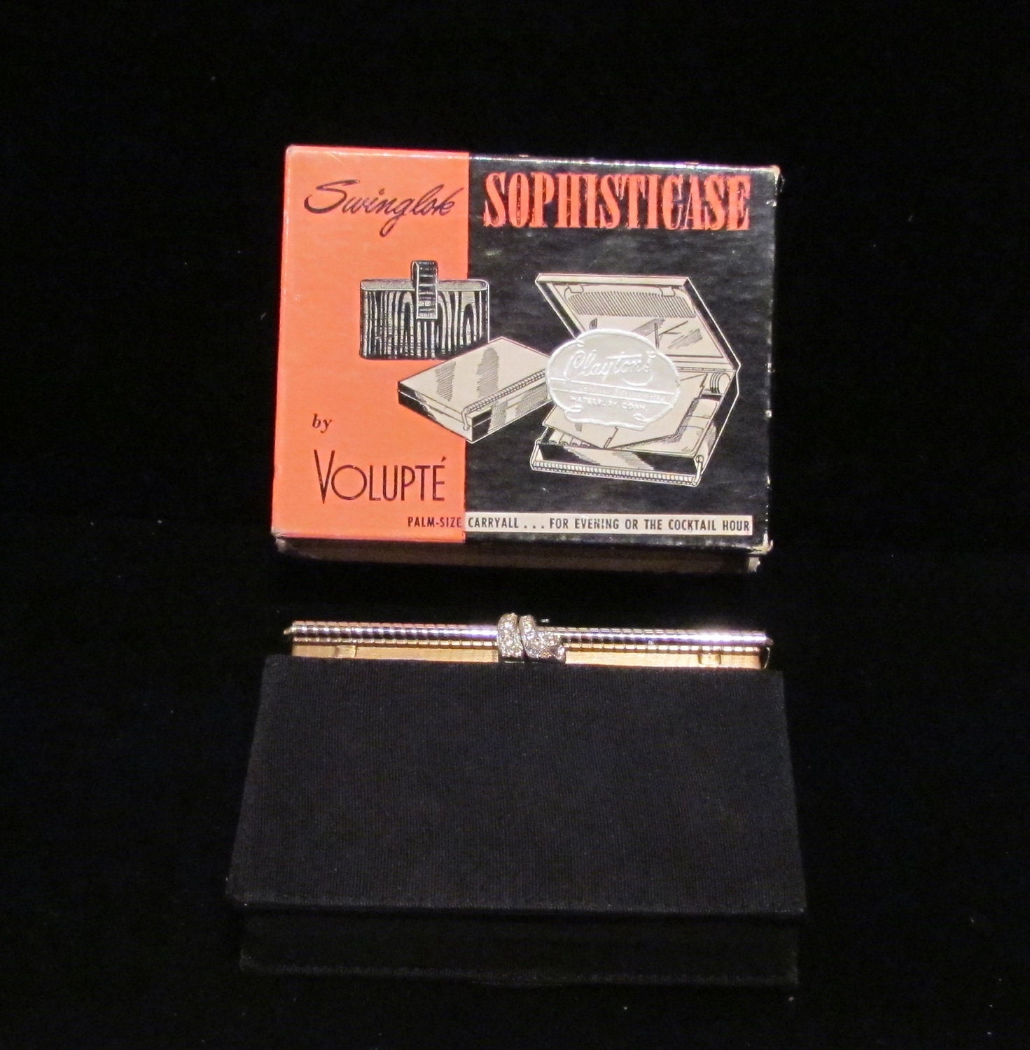 1950's Compact Purse Vintage Volupte Compact Purse Rhinestone Compact Purse Gold Purse UNUSED ORIGINAL BOX