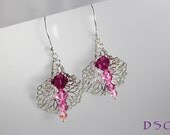 Bell Flower Lace Filigree Swarovski Crystal Drop Earrings Pink Fade Color Choice