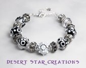 Lampwork Glass Beaded Bracelet in Black and White Silver and Rhinestone