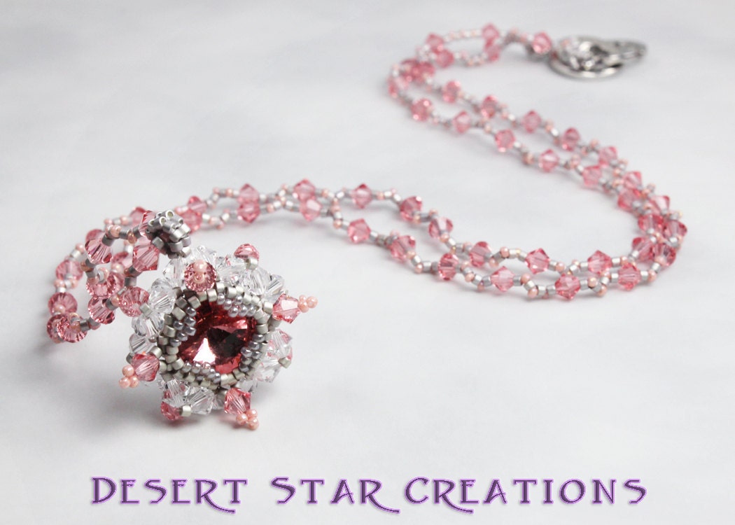 Crystal Rose Peach Beaded Necklace with Stitched Rivoli Pendant