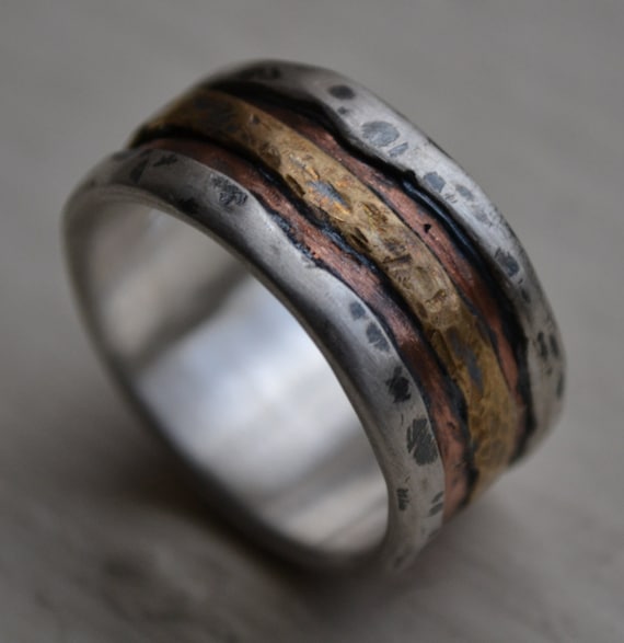 mens wedding band - rustic fine silver copper and brass - handmade artisan designed wide band ring - manly ring - customized