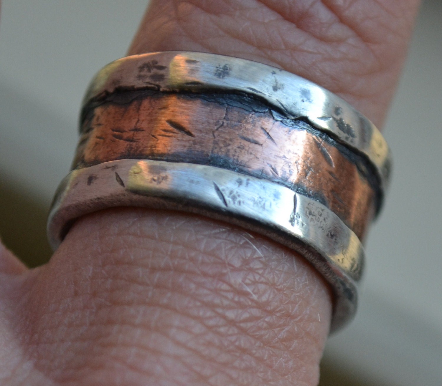 mens wedding band - rustic fine silver and copper - handmade hammered artisan designed wide band ring - manly ring - customized