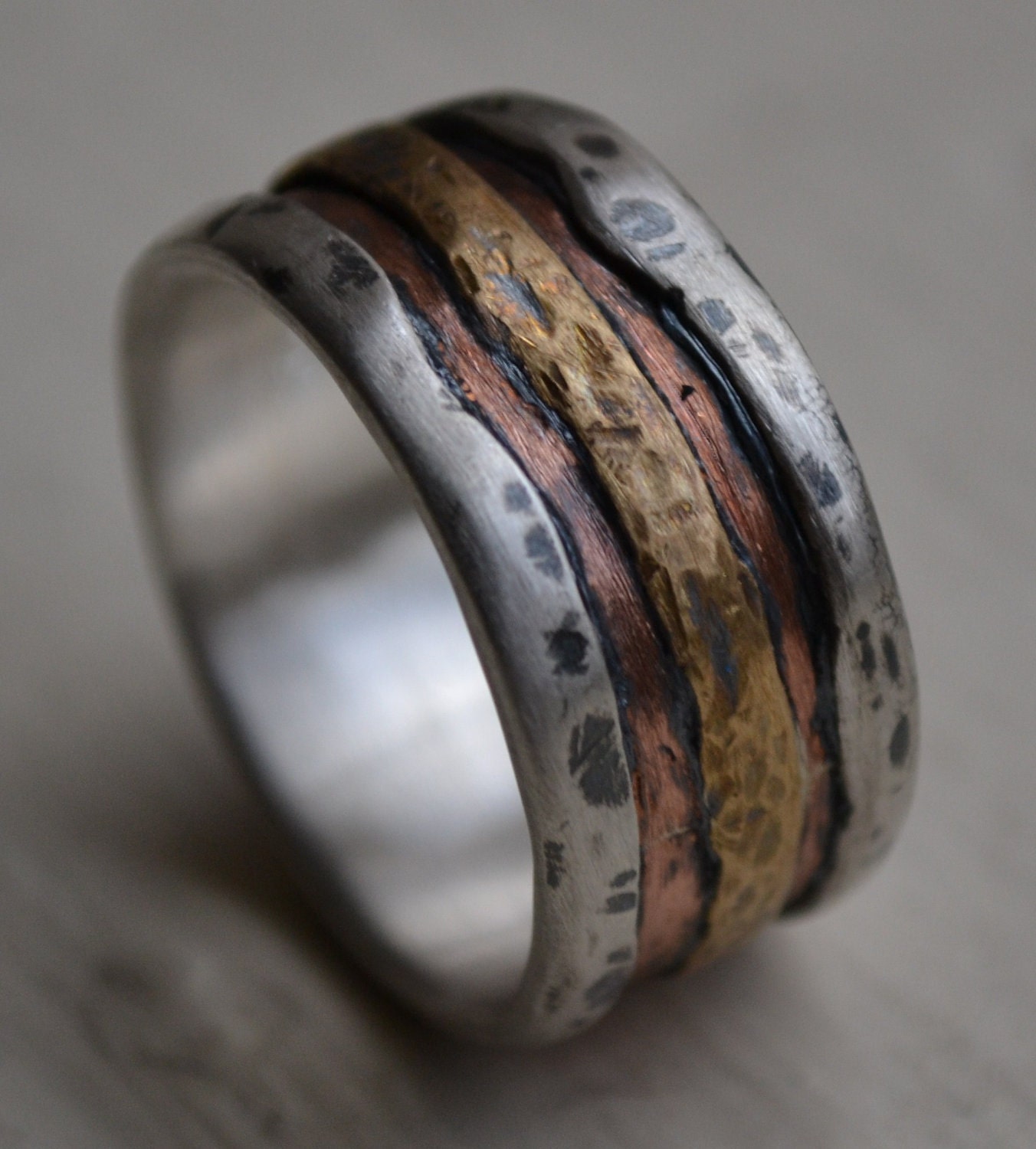 mens wedding band - rustic fine silver copper and brass - handmade artisan designed wide band ring - manly ring - customized