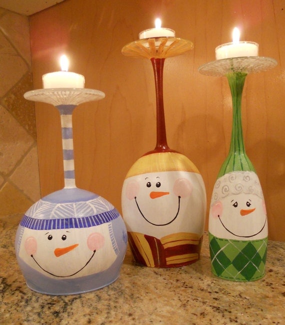 Wine Glass Snowmen Candle Holders Set of 3