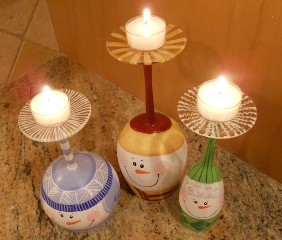 Wine Glass Snowmen Candle Holders Set of 3