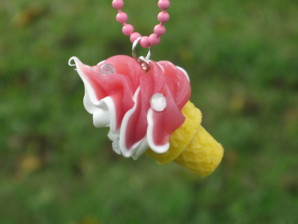 Dark Pink and White Swirl Ice Cream Cone Neklace With Rhinstone Sprinkles