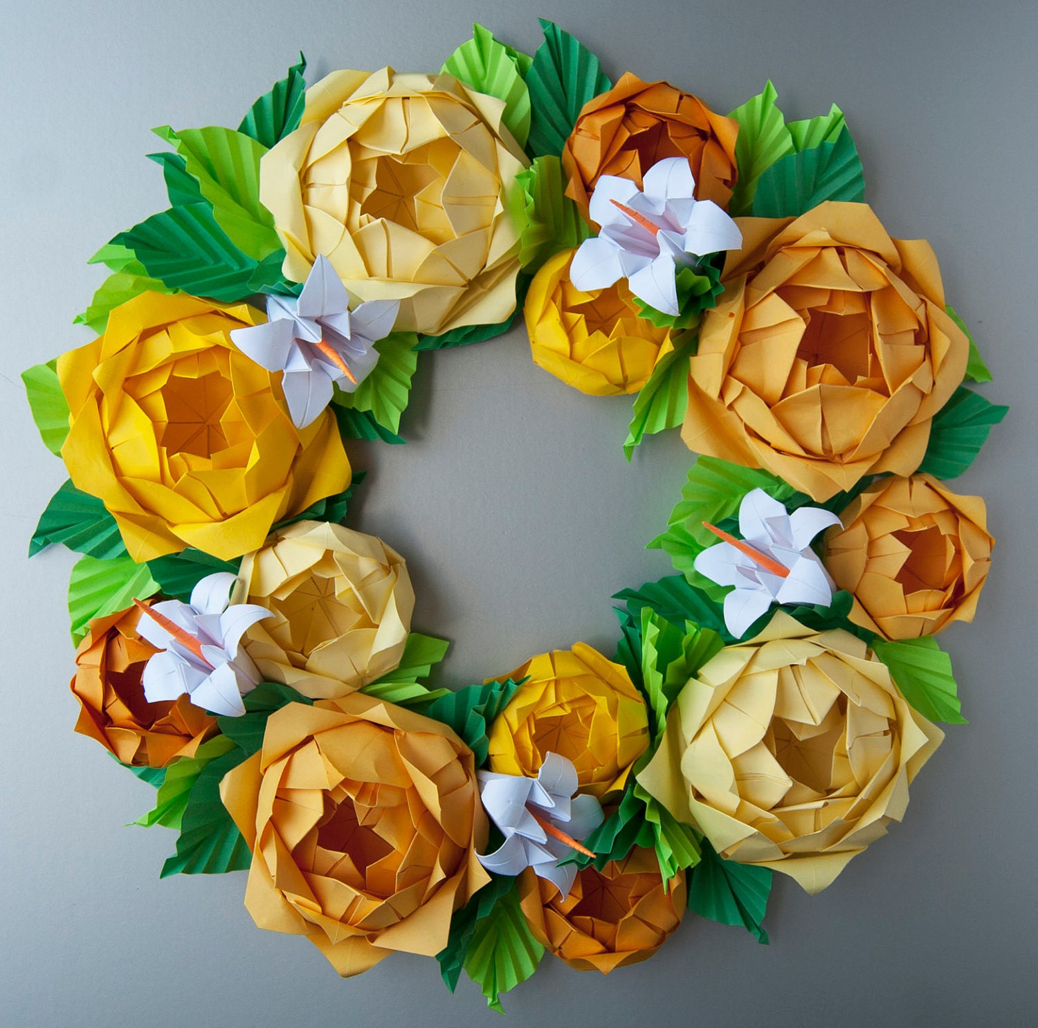 Yellow Rose Origami Paper Wreath With Green Leaves