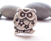 Brooch Porcelain Sleeping Owl Glazed Warm Grey