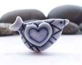 Bird Brooch Pin Love Heart and Stripes Handmade Porcelain Pale Blue Glazed Heart. Cute Adorable Bird.
