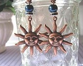 Copper Sun Earrings with Blue Pearl, Handcrafted Jewelry, Mystical
