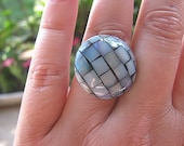 Button Ring, Blue Mosaic Shell, Adjustable, Handcrafted Jewelry