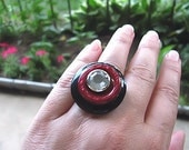 Stacked Button Ring Adjustable, Black, Burgundy, Rhinestone
