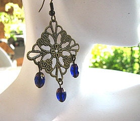 Chandelier Earrings Brass Filigree, Blue Glass Beads Gypsy Boho, Bohemian, Handmade Earrings