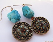 Turquoise Nugget Earrings with Brass Rhinestone Discs
