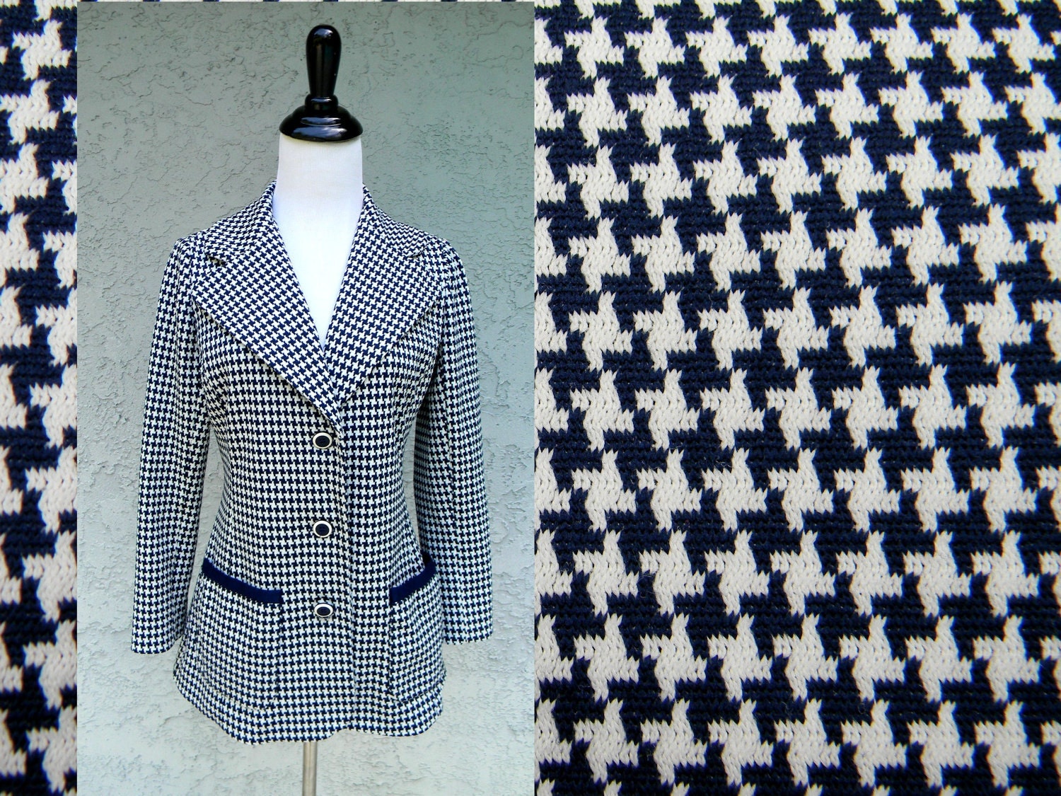 I Love Mrs Brady - Vintage 60s/70s Super Mod Navy Blue and White Hounds Tooth Print Designer JACKET BLAZER by Dalton
