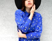 Blue... Like a Mediterranean Isle - Vintage 80s/90s Sexy Secretary Dress in Greek Blue w/ White Geometric Pyramid print