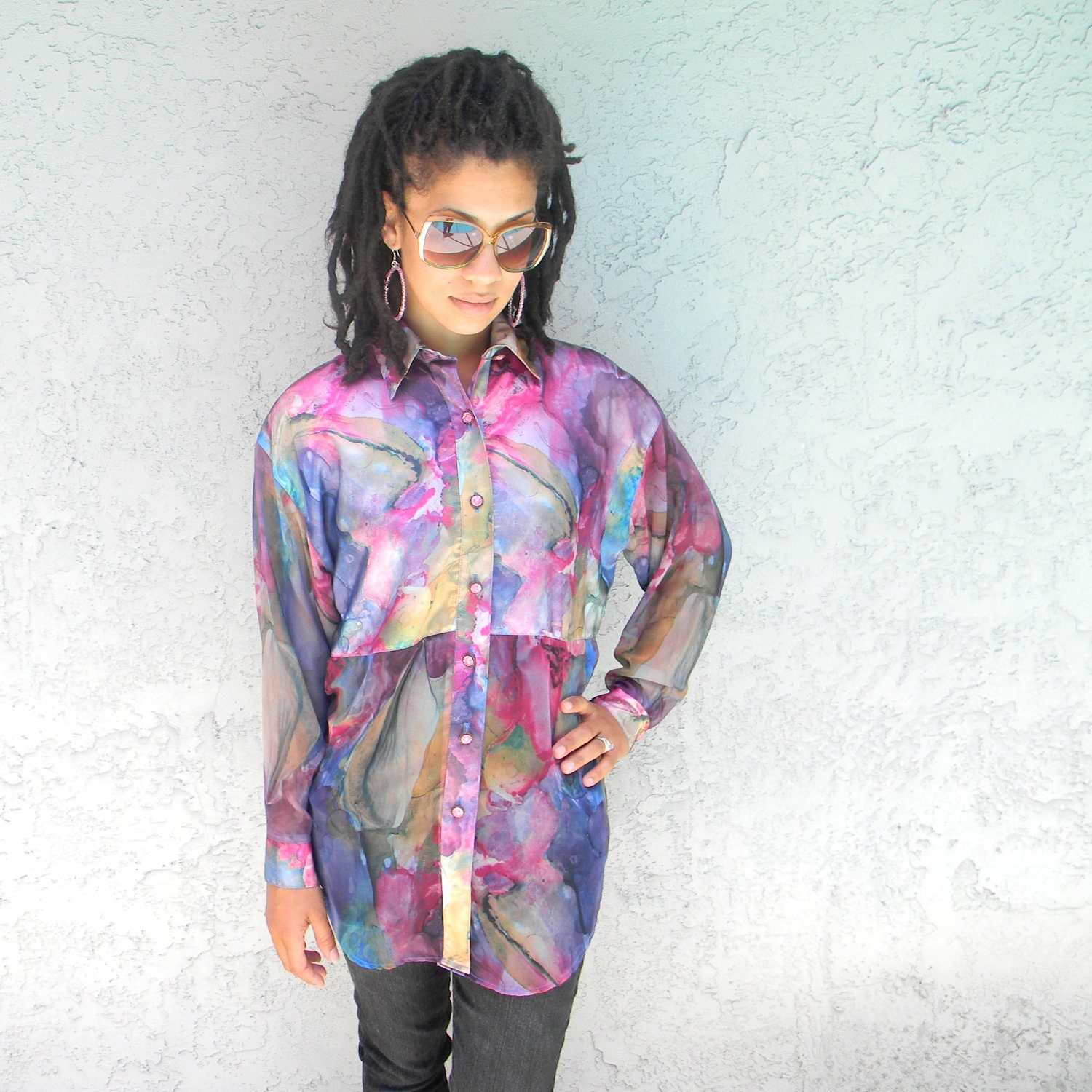 Seapunk Spring - Vintage 80s/90s Sheer Sleeved B-Girl/MC Hammer Purple/Pink Shirt/Blouse w/ Sheer Sleeves/midriff by Forenza - Size Small/S