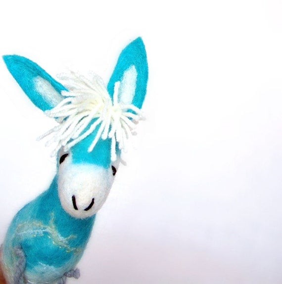 Blue Benedetto - Felt Donkey. Art Marionette Handmade Puppet Stuffed Toy. turguoise yellow aquamarine sky. MADE TO ORDER