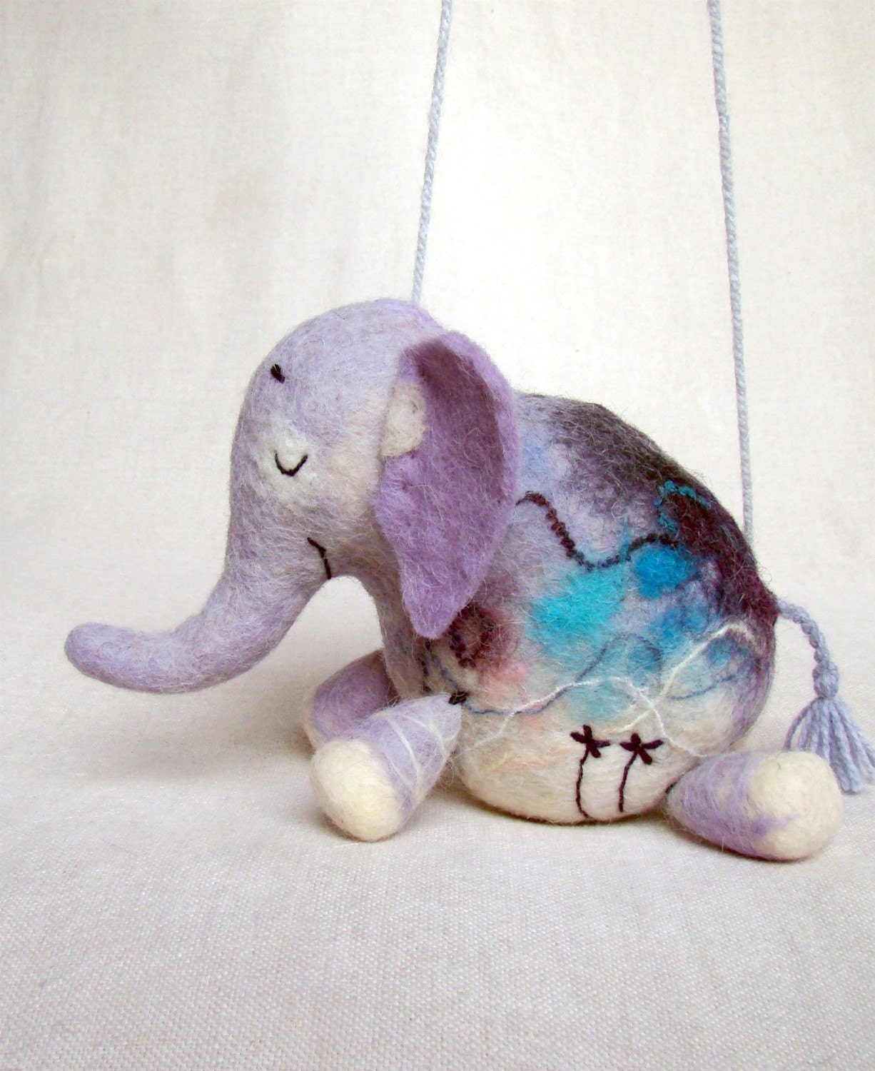 Adelina - Felt Elephant. Handmade Puppet, Art Marionette, Felted Animal, Stuffed Toy. lavender pink  blue lilac. Special order for Donna .