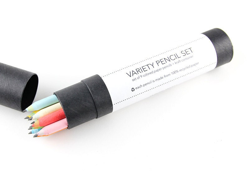 9 Piece Colorful Eco-Friendly Recycled Paper Pencils in black kraft tube - made from 100% recycled paper - great as gifts and party favors