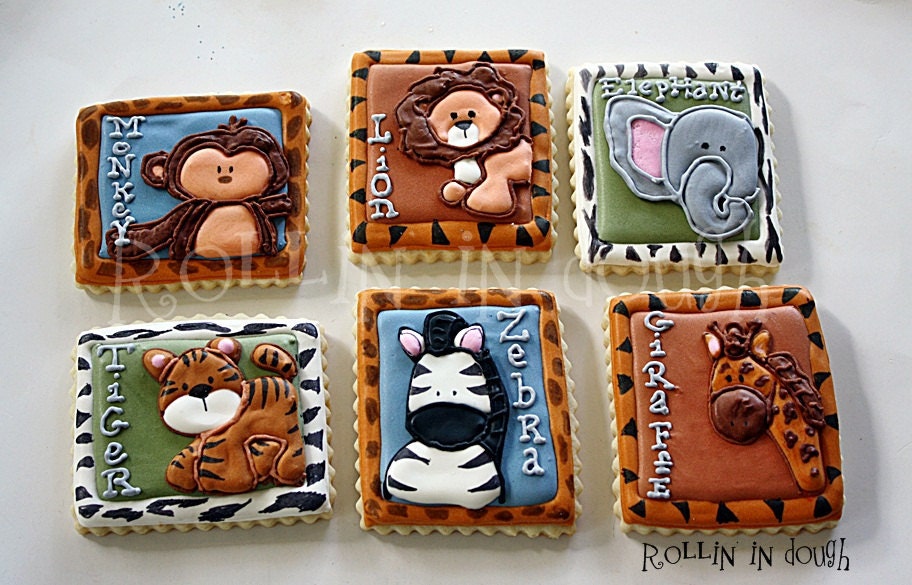 Zoo Animal Cookies, Jungle Animal Cookies, Safari Animal Cookies, Monkey, Lion, Elephant, Tiger, Zebra, Giraffe - 1 Dozen