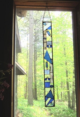 Strikingly beautiful Blue Abstract Window Treatment, stained glass hank barnes Suncatcher STAINED GLASS PANEL, Interior design