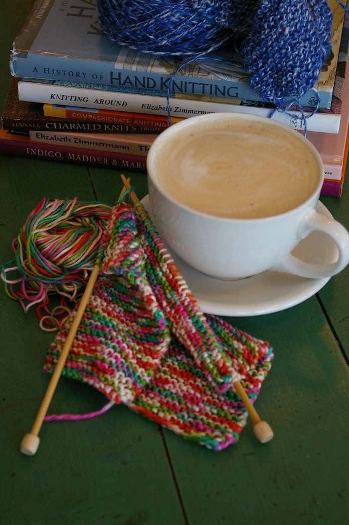 Knitting and Chai Afternoon 5x7 Fine Art Photographic Print Colorful Yarn Coffee Cup Gift Under 10