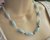 Blue Amazonite Oval Gemstones, Sapphire Crystal and Silver Necklace and Earring Set