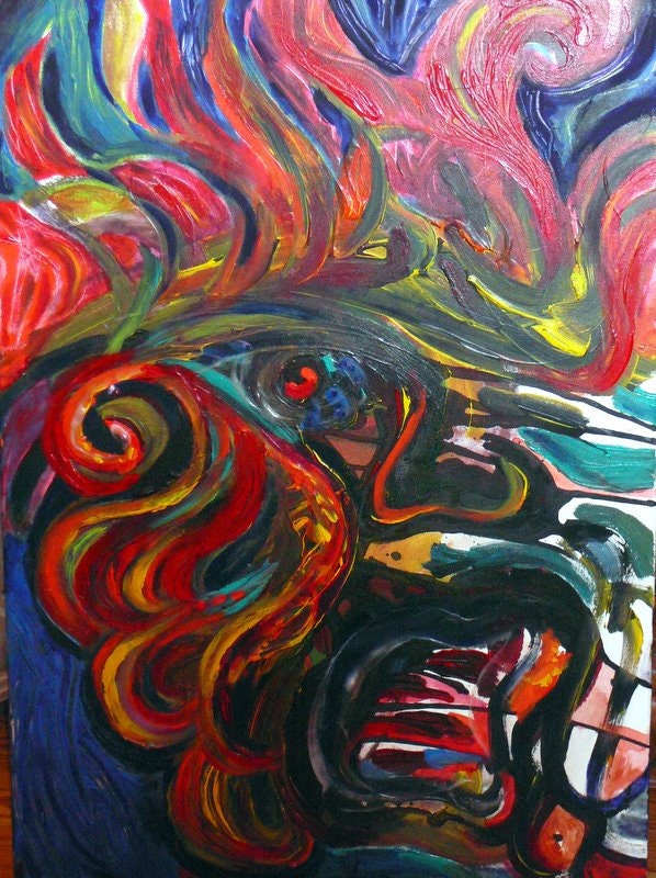 SALE Large Chinese Lion Painting Abstract Asian  Expressionist Colorful Acrylic, artomatic