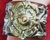 Repousse cuff leather bracelet boho French antique jewelry assemblage one of a kind