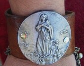 Religious cuff leather bracelet Madonna Ave Maria cherubs antique jewelry assemblage one of a kind
