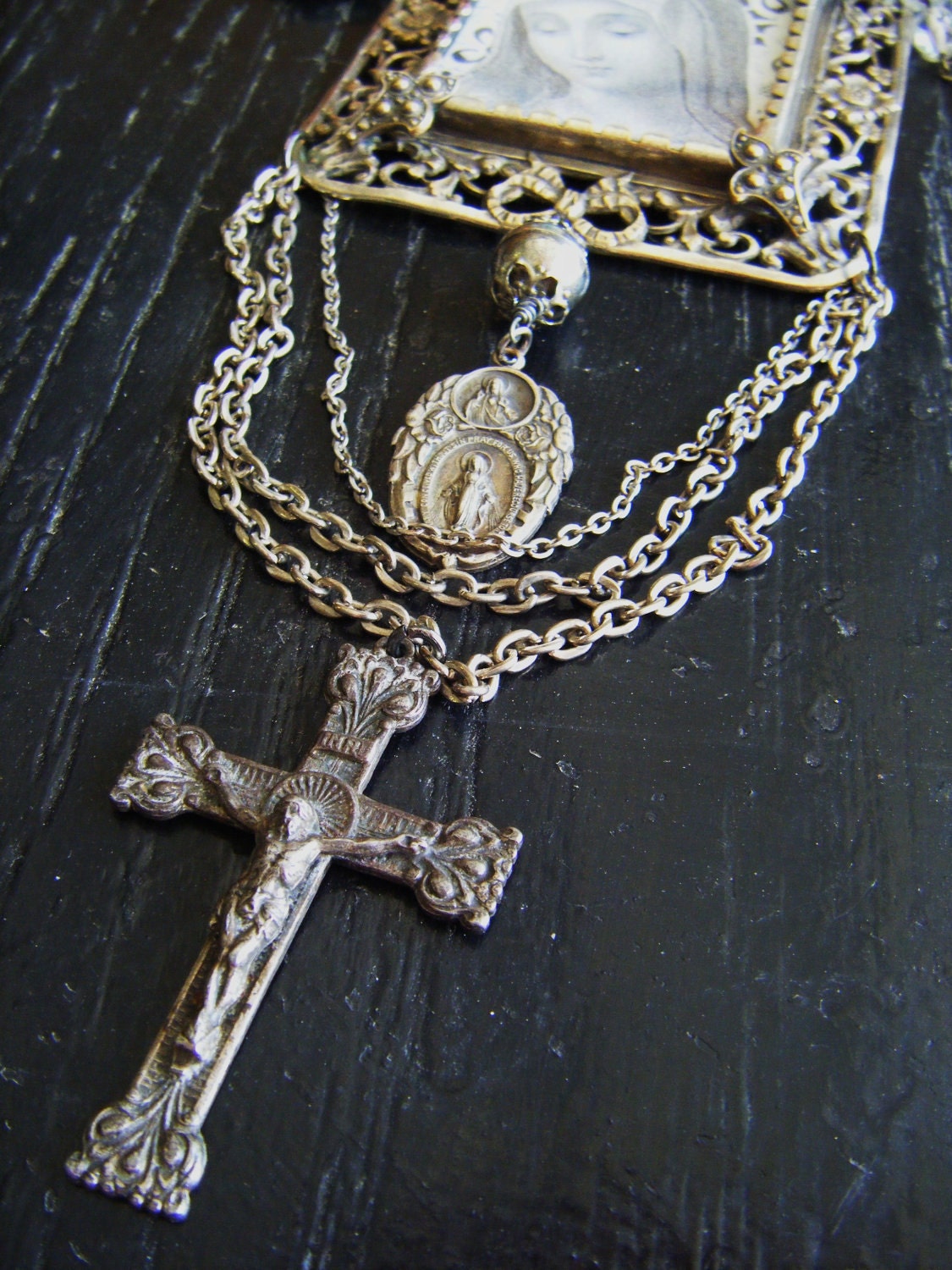 Antique religious necklace paste rhinestones silver filigree framed under glass Madonna crystal beads one of a kind assemblage
