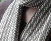 Woven Merino Scarf in Natural Taupe, Rich Chocolate Brown and White Wool with Knotted Fringe